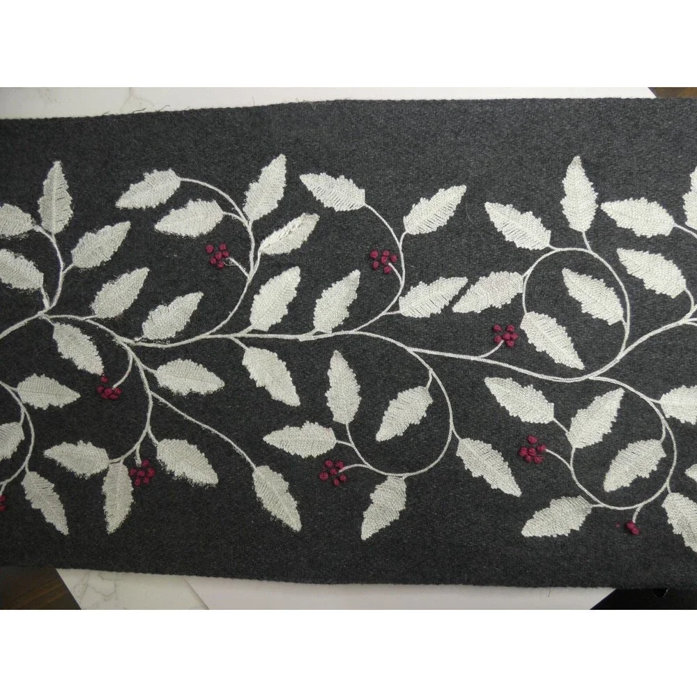 Nicole Miller Home Wool Blend Table Runner Grey Leaf Berry Embroidered 69